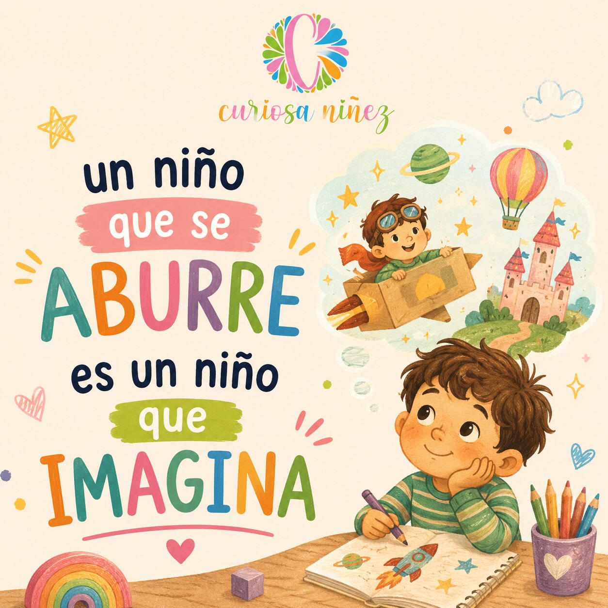 ✨ Deja que se aburra. Ahí nace la imaginación.

Dale una hoja y un lápiz. 🎨
Que invente un club con una manta. 🏕️
Que construya una torre. 🧱
Que cree su propio mundo. 💭

📵 Una pantalla entretiene por un rato. La imaginación lo acompaña para toda la vida.

#CuriosaNiñez #JuegoLibre #Imaginación #CriarJugando #MenosPantallasMásInfancia JuguetesEducativos DesarrolloInfantil AprenderJugando