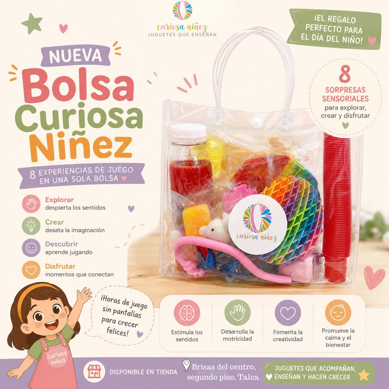 🌈 ¡Llegó la nueva Bolsa Curiosa Niñez! 🎉

Un solo regalo, 8 experiencias de juego. 💛
Pensada para despertar la curiosidad, estimular los sentidos y regalar momentos de diversión lejos de las pantallas. Cada elemento invita a explorar, crear, imaginar y descubrir de una forma diferente.

✨ Ideal para:
🧠 Estimular los sentidos.
🙌 Desarrollar la motricidad.
🎨 Fomentar la creatividad.
💛 Promover momentos de calma.
🌈 Disfrutar del juego libre.

🎁 El regalo perfecto para este Día del Niño, listo para sorprender desde el primer momento.

📍Disponible en nuestra tienda.
📩 Reserva la tuya por DM, ¡el stock es limitado!
Valor: $8.990
💬 Cuéntanos en los comentarios: ¿Qué es lo que más le gustaría descubrir a tu peque dentro de esta bolsa? 👇

#CuriosaNiñez #BolsaCuriosaNiñez #DiaDelNiño #JuguetesEducativos #JuegoSensorial JuegoLibre AprenderJugando MenosPantallasMásInfancia RegalosDiaDelNiño LasCondes Santiago JuguetesChile